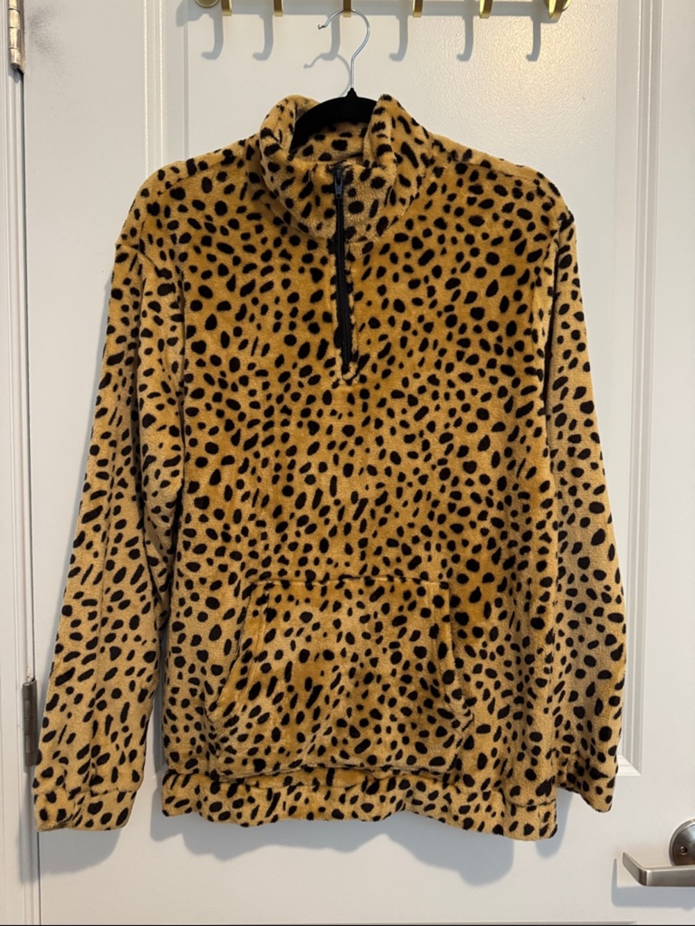 SHEIN Tan and Black Leopard Print Fleece Zip Pullover